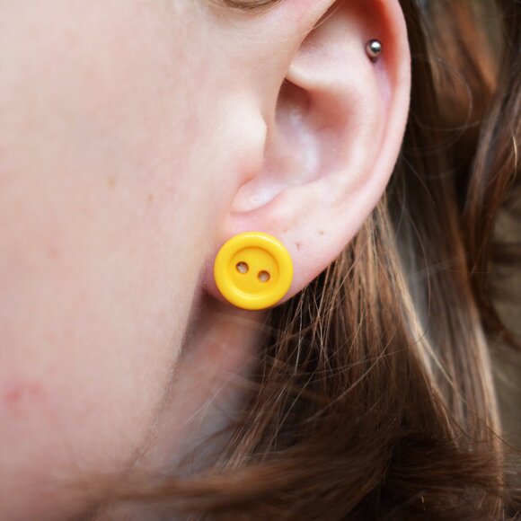 Handmade Yellow Button Stud Earrings - Picture 5 of 6